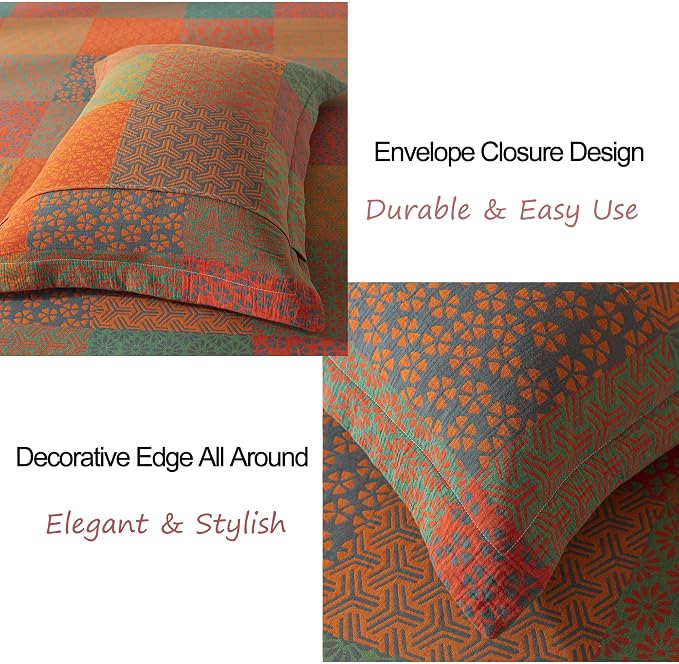 FADFAY Grid Sheets Set Queen Vintage Checkered Floral Bedding Shabby Geometry Farmhouse Bedding Super Soft Washed Double -Layer Muslin Sheets 100% Cotton Deep Pocket Fitted Sheet 4Pcs, Queen Size