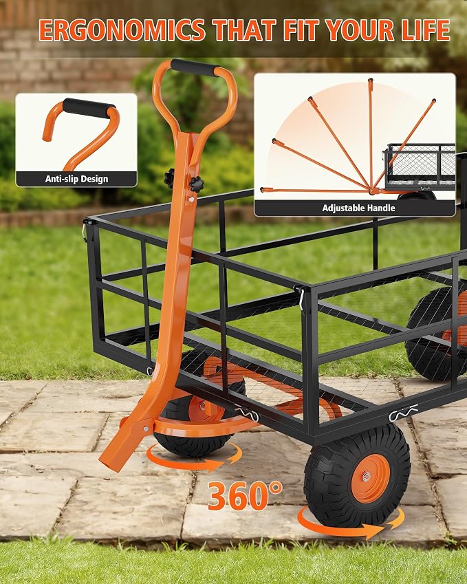 Garvee Steel Garden Cart, 1200 LBS Capacity Utility Outdoor Wagon, Heavy Duty Mesh Garden Wagon with Removable Sides, 2-in-1 Handle, 13" Tires for Yard, Lawn, Garden