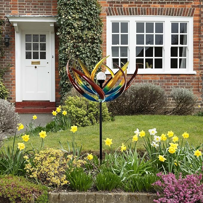 Bits and Pieces Tulip Wind Spinners Outdoor Solar Lighted Metal Wind Spinner, Large Kinetic Garden Sculptures, Crackle Glass Light, Multi-Colored Garden Decor