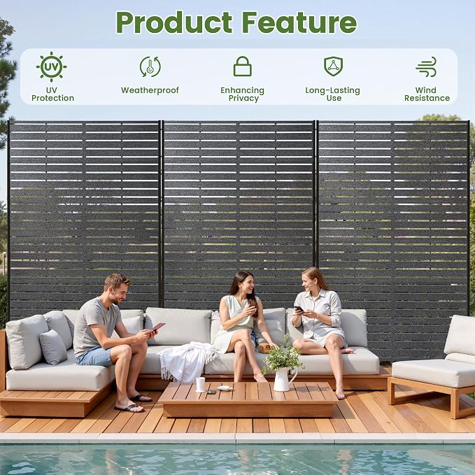 Outdoor Privacy Screen 72" H HDPE Decorative Freestanding Privacy Panel, Sandblasting Louvered Privacy Screens with Stand, Weather-Resistant Panel for Patio, Balcony, Backyard(6 Panels)