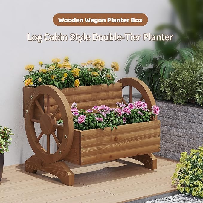 FILWH Wooden Wagon Planters for Outdoor Plants, Flower Cart, Wood Planter Boxes Outdoor, Backyard Decor, Flower Planters Outdoor with Wheels Planter for Flowers Vegetables (Brown)