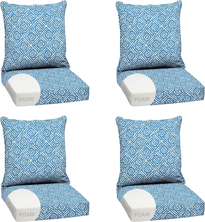 Arden Outdoor Foam Deep Seat Cushion Set (4-Pack), 24x24, Premium High-Density Foam, Never Flattens, Weather-Proof for Patio Chair Sofa Couch, Amalfi Blue Tile