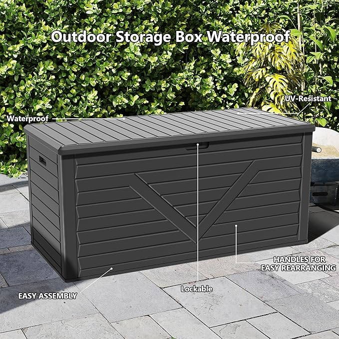 Outdoor Storage Deck Box Waterproof, 260 Gal Pro Large Lockable Patio Storage Bin Chest, Resin Outside Container Seat Bench for Furniture Cushions, Pool Accessories, Garden Tools & Delivery, Black