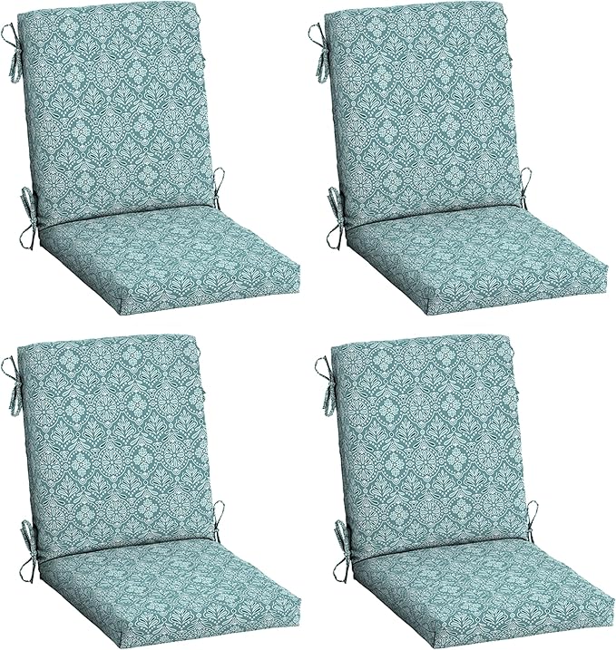 Arden 4-Pack Outdoor Patio Dining Chair Cushion, 20x44, Rain-Proof Seat Pad, Fade-Resistant Outdoor Cushion Turquoise Daphne Medallion