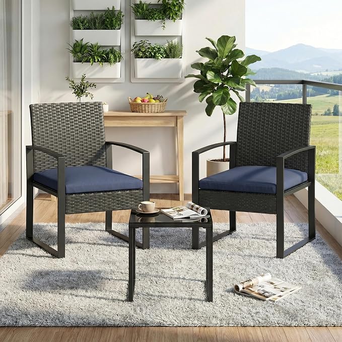 Garvee 3 Pieces Patio Bistro Set, PE Rattan Patio Conversation Set with Tempered Glass Coffee Table, Outdoor Wicker Furniture for Patio Garden Balcony Backyard, Black and Blue