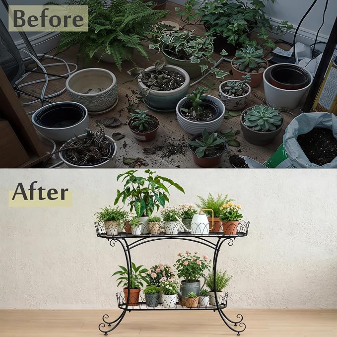 Black Two-Tier Plant Stand with Ornate Edge, 39-inch Long Top Shelf & Waistline Legs, Pots Stand, Fantastic Garden Decor for Indoor Outdoor Use