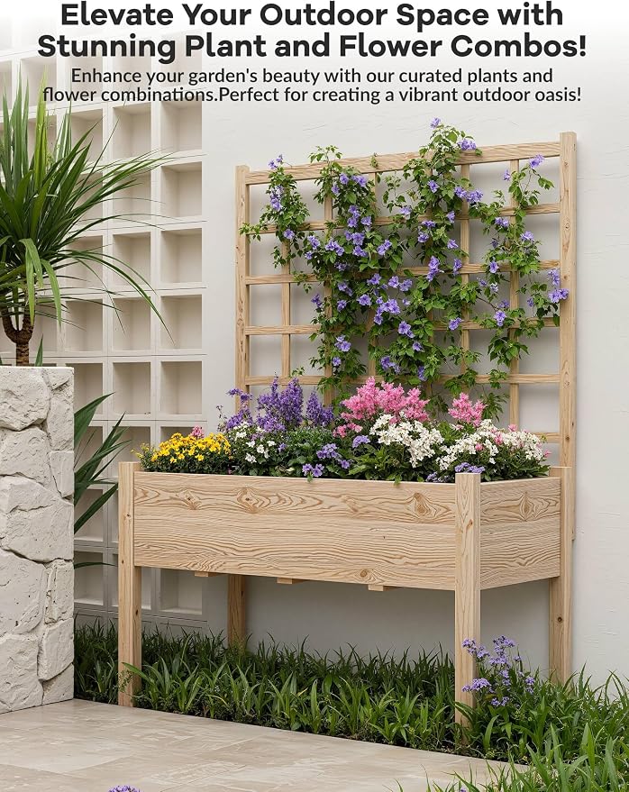 65" Elevated Wooden Raised Garden Bed Planter Box with Trellis, Stand & Waterproof Liner - Large Outdoor Grow Box for Vegetables, Herbs, Flowers on Patio, Balcony, Backyard