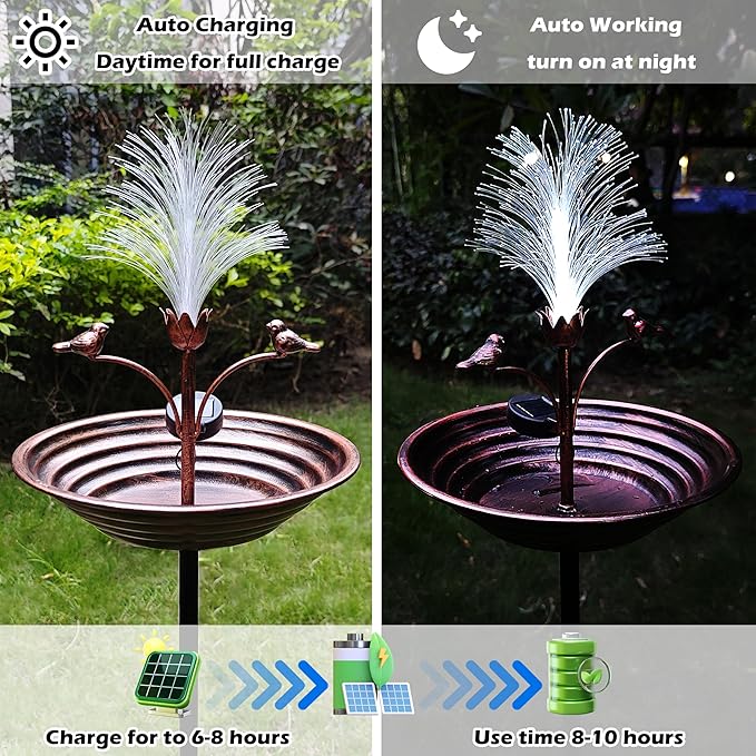 JOYBEE 43In Metal Solar Bird Bathtub with Optical Fiber -Bird Baths Feeder Bowl for Outside, Vintage Freestanding Birdbaths, Bird Baths Outdoor Stake for Garden Patio Yard Lawn Decor (Brown)