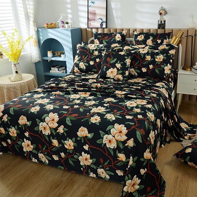 FADFAY Sheets Set Full Shabby Black and Yellow Floral Bedding Elegant Peony Sheets Set Vintage Farmhouse Bedding Soft 100% Egyptian Cotton 800 Thread Count Deep Pocket Fitted Sheet, 4Pcs-Full Size