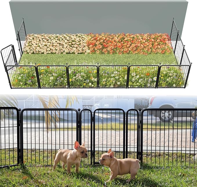 FXW Garden Fence Outdoor for the Yard – 24in(H) x 22.8ft(L) Heavy Duty Metal Animal Barrier for Dog, No Dig Decorative Dog Fence, 12 Panels, Black