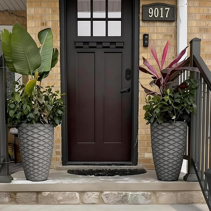19" H Coastal Planter for Indoor/Outdoor Plants, Set of 2 Large Flower Pot with Drainage Hole, Weather-Resistant Resin Planters for Garden Patio Porch Home Office Decor, Rustic Black Wavy