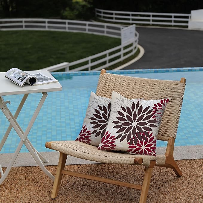 DFXSZ Red Brown Flower Pillow Covers 18x18 Inch Set of 2 White Gray Colored Throw Pillows Outdoor Waterproof Decor for Living Room Sofa Patio Funiture Garden Floral Polyester Pillow Covers 002L18