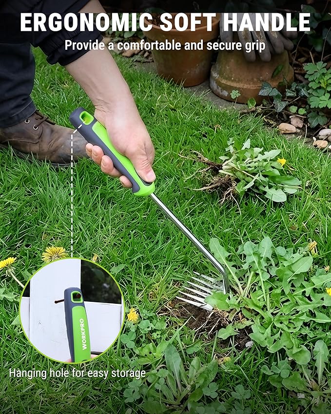 WORKPRO 15-Inch Weed Puller Tool, 6-Tine Heavy Duty Deep Root Remover for Dandelion, Stainless Steel Hand Weeder with Ergonomic Soft Grip, Ideal for Lawn, Garden, and Yard