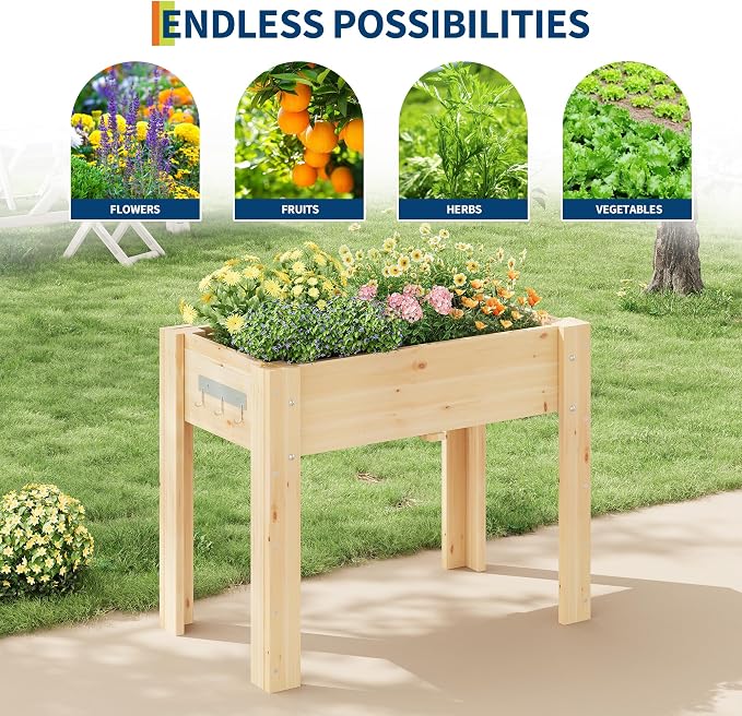 34x18x30IN Wooden Raised Garden Bed with Legs, Elevated Reinforced Large Planter Box for Vegetable Flower Herb Outdoor, Standing Growing Bed for Gardening/Backyard/Patio/Balcony, Liner Included
