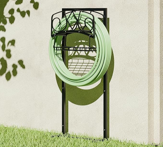 Freestanding Garden Hose Organizer with Black Powder-Coated Finish - Heavy-Duty Detachable Hose Stand Holds 150FT Hose, Includes Storage Basket & Assembly Tools for Outdoor Use