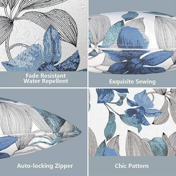 LVTXIII 2 Pack Outdoor Throw Pillow Covers for Patio Furniture, 16x16 Inch Square Pillow Case, Water-Repellent Cushion Covers for Garden, Porch, Sofa, Clemens Noir Blue