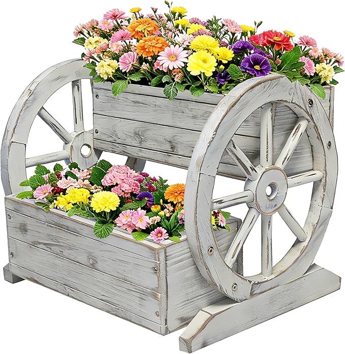 2 Tier Classic Wooden Wagon Planter Box|Outdoor Planter/Flower Pot for Indoor&Outdoor Plants-Rustic Garden Planter for Patio,Porch&Garden Decor- Raised Garden Bed for Succulents,Herbs,Vegetables