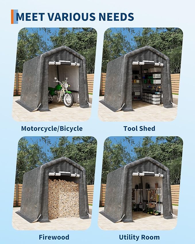 6x8Ft Motorcycle Carport, Heavy Duty Motorcycle Shed with Roll-Up Door & Vent, Outdoor Portable Storage Shed, Waterproof & UV-Resistant, Storage Sheds for Motorcycle, Firewood, Tools