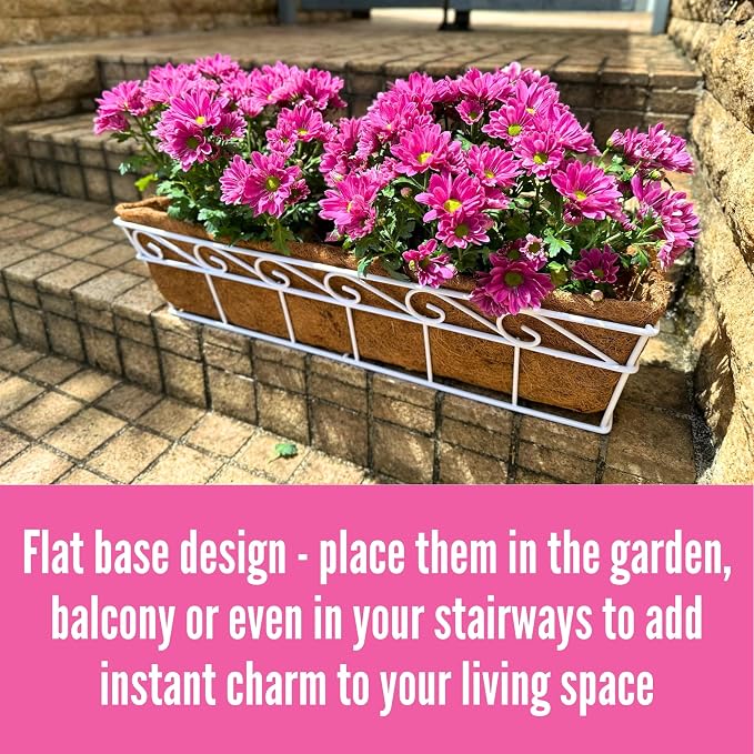LaLaGreen Wall Mounted Planters (2 Pack, 30 Inch) Window Flower Boxes Basket Outdoor, Balcony Planter Over the Rail, Deck Railing Hanging with Coco Liners, White Metal Horse Troughs Fence Patio Porch