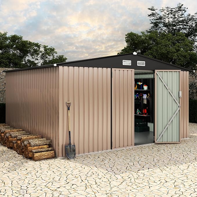 GarveeLife 10x12x6.4 ft Outdoor Storage Sheds with Floor, Metal Garden Tool Shed for Backyard, Large Metal Sheds Outdoor Storage With Lockable Doors & Air Vents for Backyard Garden Patio Lawn