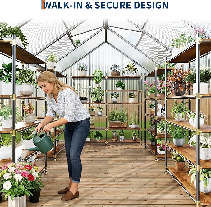 6x8FT Greenhouse for Outdoors, Walk-in Polycarbonate Greenhouse with Sliding Door, Adjustable Roof Vent & Gutter System, Portable Outdoor Green House Kit for Winter Gardening