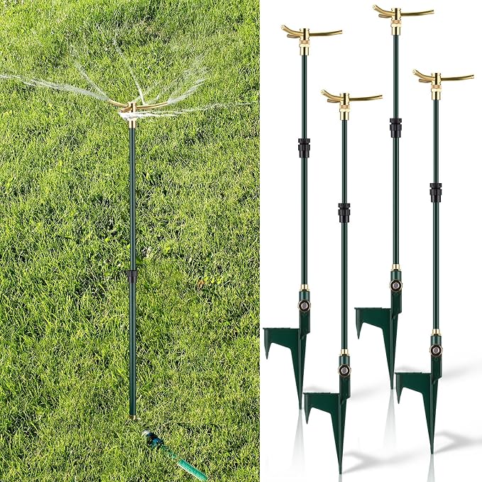 Funnymoom 4 Pack 3-arm Rotating Telescoping Sprinkler 360 Degree Swivel Garden Sprinkler High Rise Lawn with Step Base up to 41.7 Inches for Large Area Coverage (Green)