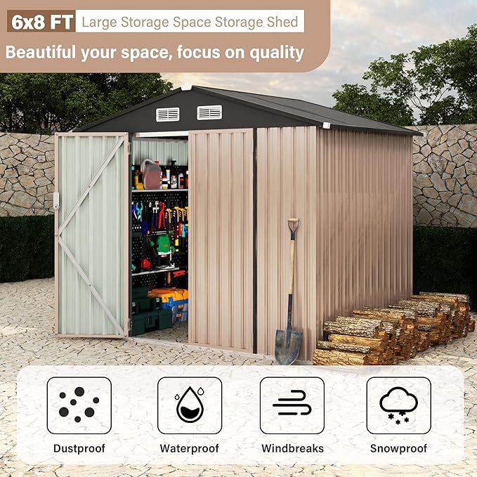 Takywep 6×8FT Outdoor Storage Shed, Galvanized Steel Utility Shed with Lockable Door & Vents - Waterproof Metal Garden Shed for Lawn Mower, Bike, Tools, Brown