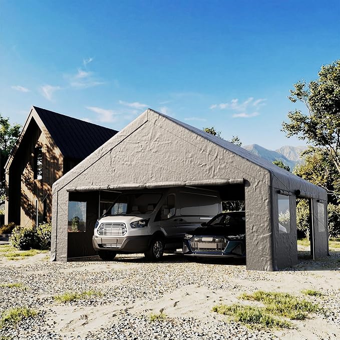 COSIEST 20'×20' Storage Shelter Outdoor Gable Roof Carport with Removable Side Walls, Heavy-Duty Garage Canopy Weatherproof PE Cover, Multi-Purpose Vehicle, Tractor Shed for Backyard, Driveway (Gray)