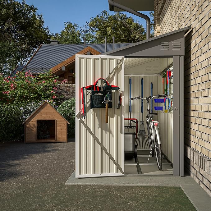 YOPTO 4x8 FT Lean to Metal Shed,Outdoor Storage Shed W/Floor Frame & Reversible Installation,All Weather Waterproof Garden Tool House W/Lockable Door & 2 Air Vents,for Backyard,Patio,Lawn,Gray