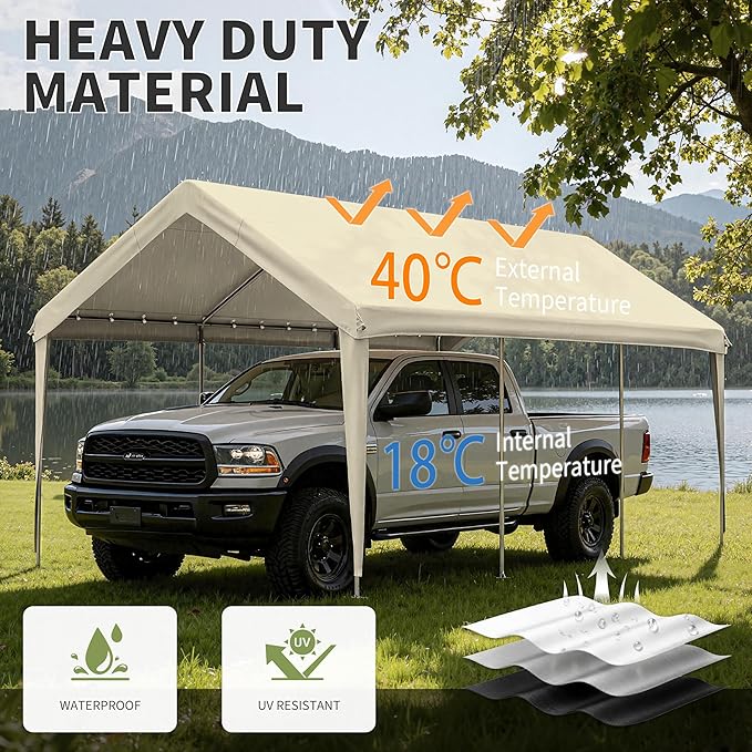 Carport Replacement Canopy Cover 12'x20' for Tent Top Garage Shelter Cover, 800D Heavy Duty Oxford Waterproof & UV Protected Car Canopy Tarp with Ball Bungees (Frame is not Included)