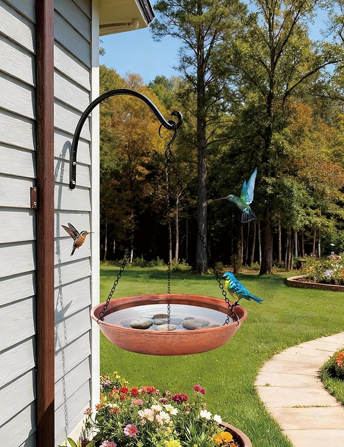 Hanging Bird Bath for Outdoor, 11 Inch Dia Antique Copper Metal Bird Feeder Birdbath Bowl Mounted Black Chain Metal Yard Art Garden Decor 0.5 Gallon