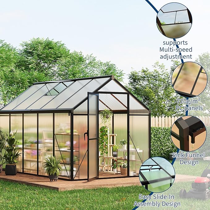 Garvee 6 x 10 ft Greenhouse, Greenhouses for Outside, Polycarbonate Greenhouse with Aluminum Frame, Lockable Door and Ajustable Roof Vent for Backyard, Green Houses for Outside Garden Backyard, Patio