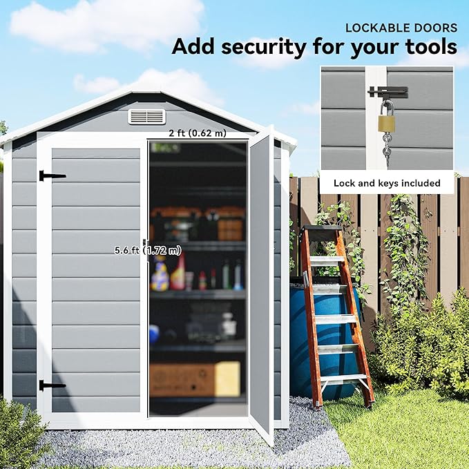 Outsunny 6' x 4.5' Outdoor Storage Shed, Waterproof Resin Plastic Shed with Floor, Window, Lockable Door and Vents, All-Weather Garden Tool Shed for Backyard, Patio, Lawn, Gray