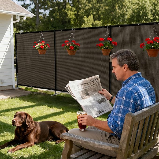 Windscreen4less Outdoor Privacy Fence Screen, 6'x29' Freestanding Privacy Fencing Set with Iron Poles and Ground Spikes, UV Resistant Mesh Cover Garden Pet Fencing for Backyard Patio Pool, Brown