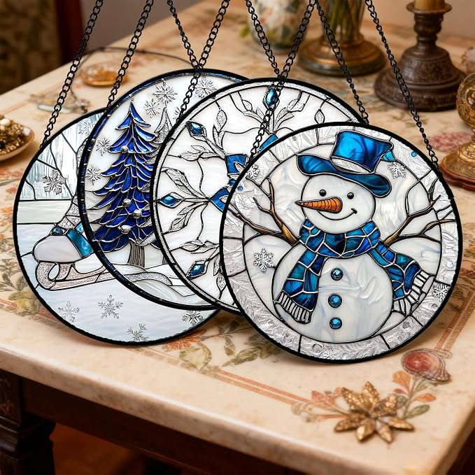 DASTOLL Stained Glass Window Hanging 4 Pcs Set White Winter Christmas Snow Scene 9.8" - Suncatcher Door Garden Sun Catcher Decor Birthday for Mom Woman Nana Men Friend Wife