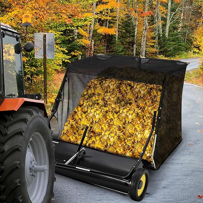 Garvee 50 in Lawn Sweeper Tow Behind, 26 cu.ft. Large Pull Behind Grass Sweeper, Heavy Duty Leaf & Grass Collector with Dumping Rope Design, Adjustable Sweeping Height for Picking Up Debris & Grass