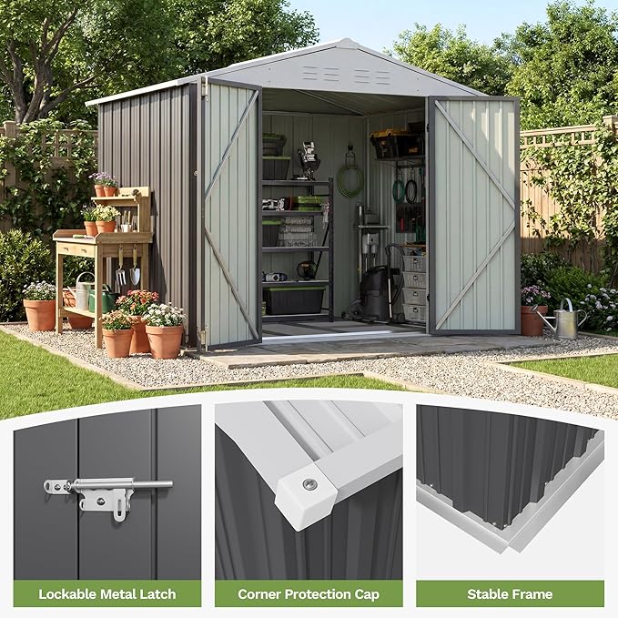 Patiowell 8x6 FT Outdoor Storage Shed with Floor Frame, Metal Garden Patio Sheds with Sloping Roof and Lockable Door, Waterproof Steel Tool Shed for Backyard Garden Lawn, Gray