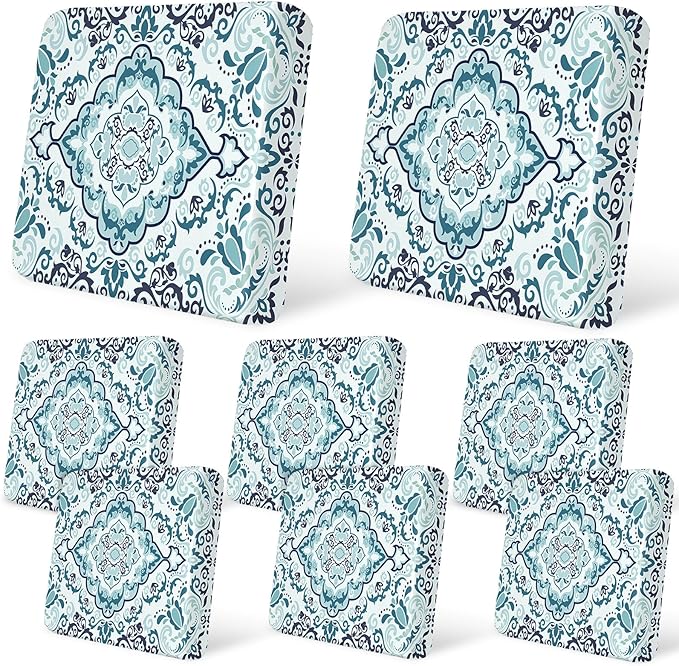 pickyNproud 8Pcs Patio Cushion Covers Stretch Outdoor Couch Cushions Slipcovers Replacement Washable Furniture Protector with Elastic Bottom Sofa Chair Seat Cover, Teal Flowers