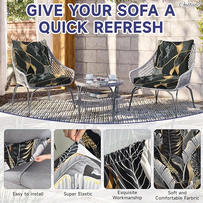 CALBODE 8 Pcs Stretch Outdoor Seat Cushion Covers, Botanical Chair Seat Cover for Patio Furniture Cushions Washable Reusable Indoor and Outdoor Couch Cover Replacement (Black&Gold Leaves, Cover Only)
