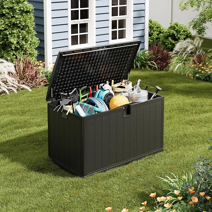 GarveeLife 130 Gallon Outdoor Storage Box, Large Resin Deck Box with Hydraulic Air Rod, Weatherproof & Lockable Outdoor Storage Bin for Patio Cushions, Garden Tools, Pool Supplies, Porch, Black