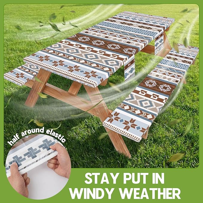Fitted Picnic Table Cover with Bench Covers Fitted Rectangle Table Cloth Tablecloth Camping Gear Essentials Rv Accessories Road Trip Supplies Car Travel Must Have 8 Ft Foot Feet 96in Boho Bohemian