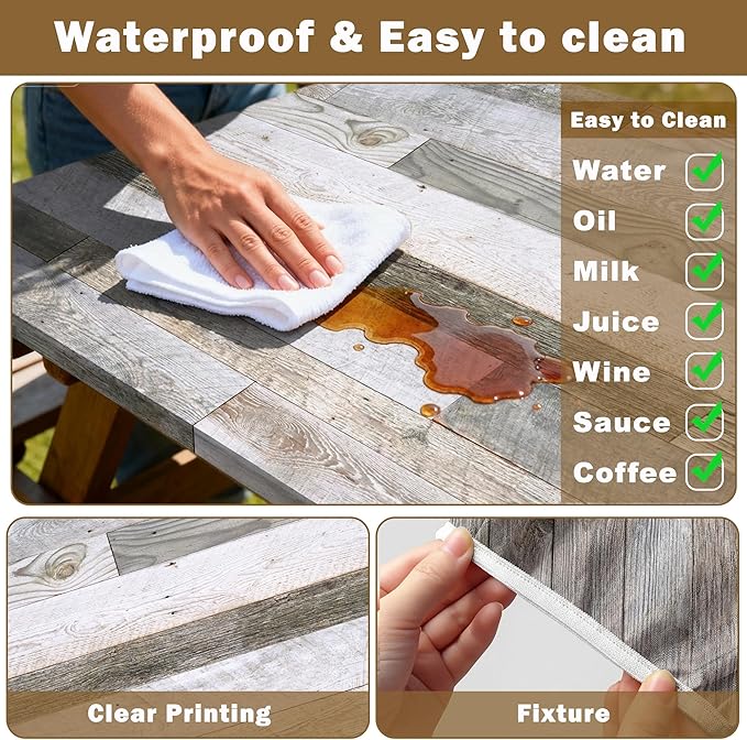 Picnic Table Cover with Bench Covers 6FT Farmhouse Waterproof Windproof Fitted Outdoor Wood Tablecloth with Elastic Rectangle Table Cloth Camping Essentials (Brown)