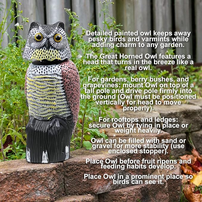 Owl Decoy to Scare Birds Away Scarecrow Fake Owl with Rotating Head 12 inch Tall (Set of 3)