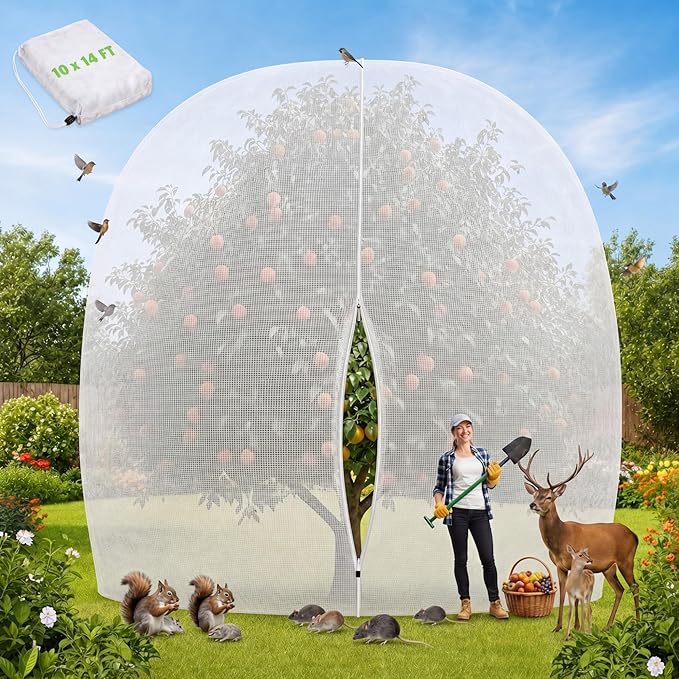 10 x 14 ft Large Fruit Tree Netting for Protecting Fruit from Squirrels Birds Bug Deer & Rat Garden Mesh Netting with Zipper and Drawstring Tree Covers for Blueberry Peach Apple Garden Bushes