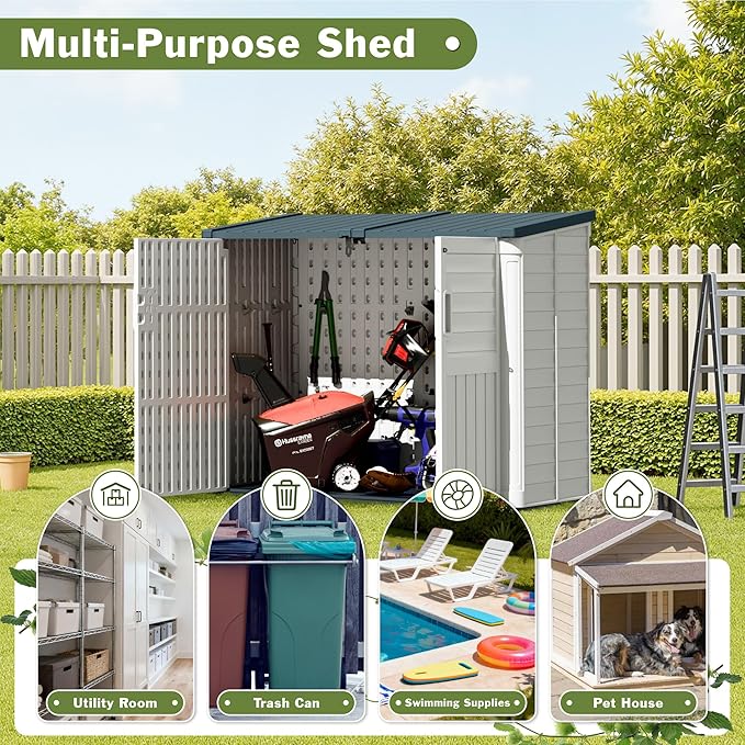 JUMMICO Resin Outdoor Storage Shed, 34 Cu Ft Horizontal Storage Cabinet with Shelves for Trash Cans, Garden Tools, Pool Supplies (Beige)