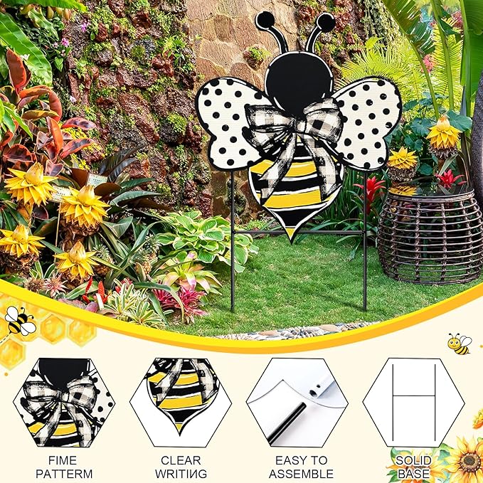 Weysat Summer Yard Sign Polka Dot Bee Metal Decoration Outdoor 13.7 Inch Summer Decoration for Home Outdoor Honey Bee Welcome Porch Decor with Stakes Waterproof for Garden Patio Lawn Party Walkway