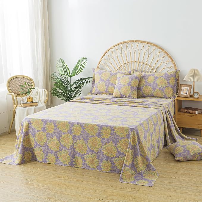 FADFAY Sunflower Sheets Set Queen Vintage Yellow Purple Floral Bedding Shabby Farmhouse Bedding Super Soft Washed Double -Layer Muslin Sheets 100% Cotton Deep Pocket Fitted Sheet 4Pcs, Queen Size