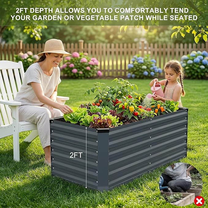 STBoo Galvanized Raised Garden Bed 6x3x2ft, Raised Beds for Gardening, Reinforced Support Bars & Safety Edges for Vegetables, Flowers, Herbs, Gray (Grey, 4x2x2FT)
