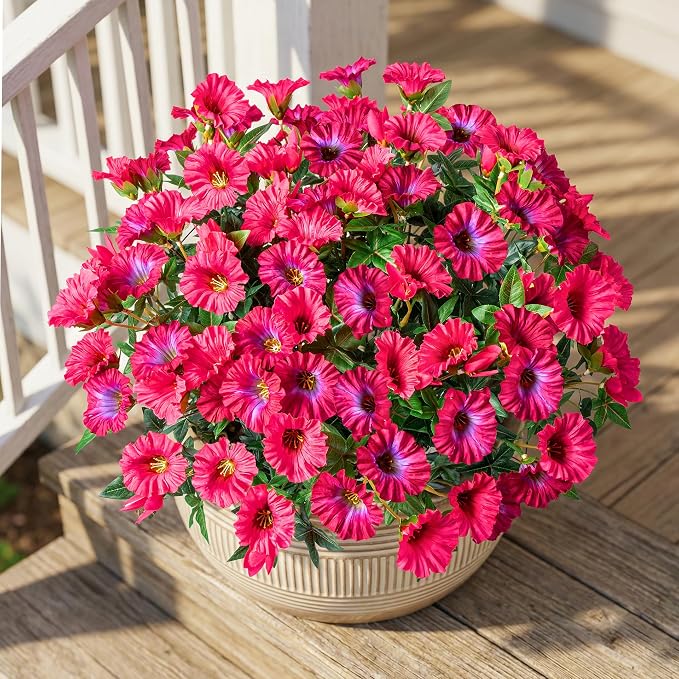 Rose Red Artificial Morning Glory Flowers for Outdoor Planters, Premium UV Resistant Silk Faux Flowers for Porch, Hanging Basket & Window Box, Summer Garden Decor, No Pot, 13.3 Inch, 8 Bundles
