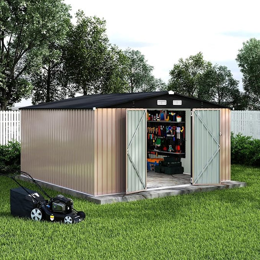 12x12 FT Outdoor Metal Storage Shed, Garden Tool Metal Shed with Lockable Doors & Vents, Large Waterproof Tool Shed for Backyard Garden Patio Lawn